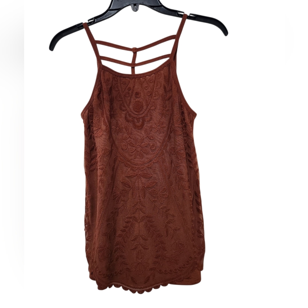 Rewind Embroidered Floral Lace Women’s Tank Top Strappy Brown Orange XS